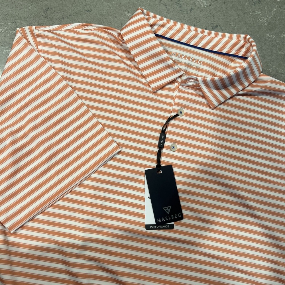 NWT Maelreg Men's 2XL Performance Polo Orange White Striped UPF 30+ Stretch